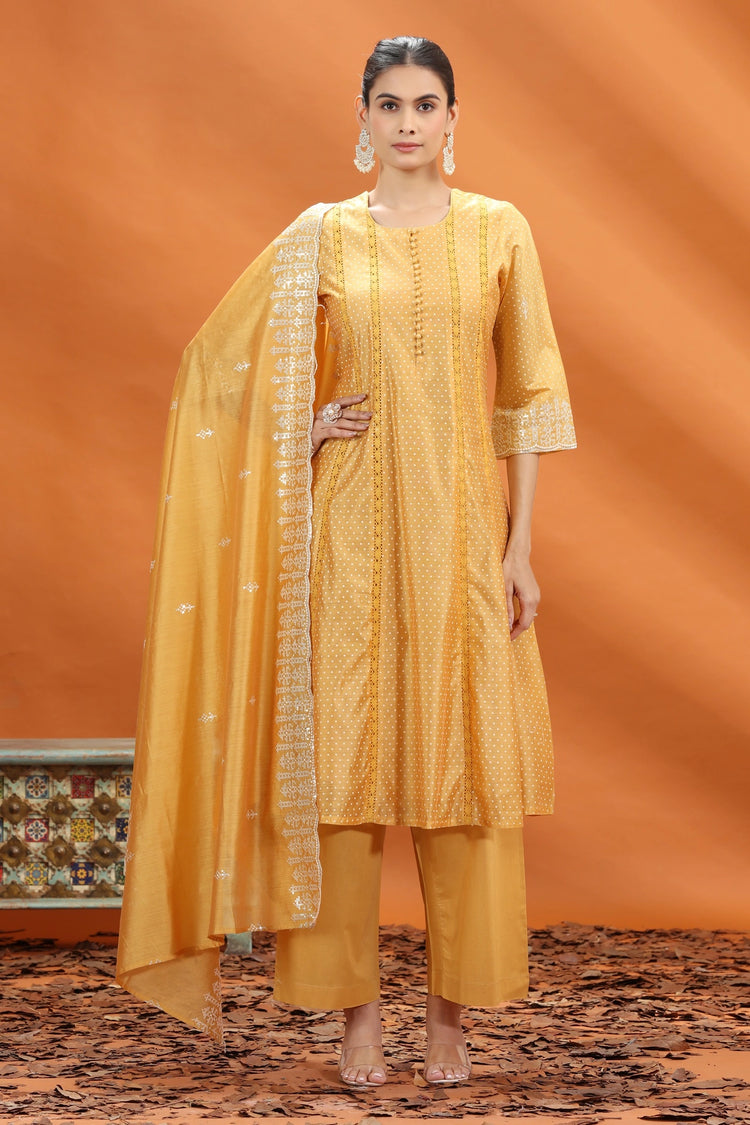 Yellow Chanderi Kalidar Embroidered Kurta Palazzo and Dupatta Set for women and girls