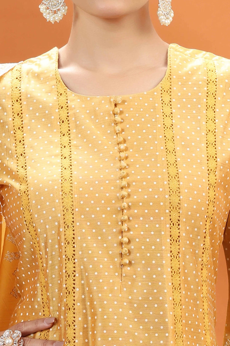 Yellow Chanderi Kalidar Embroidered Kurta Palazzo and Dupatta Set for women and girls