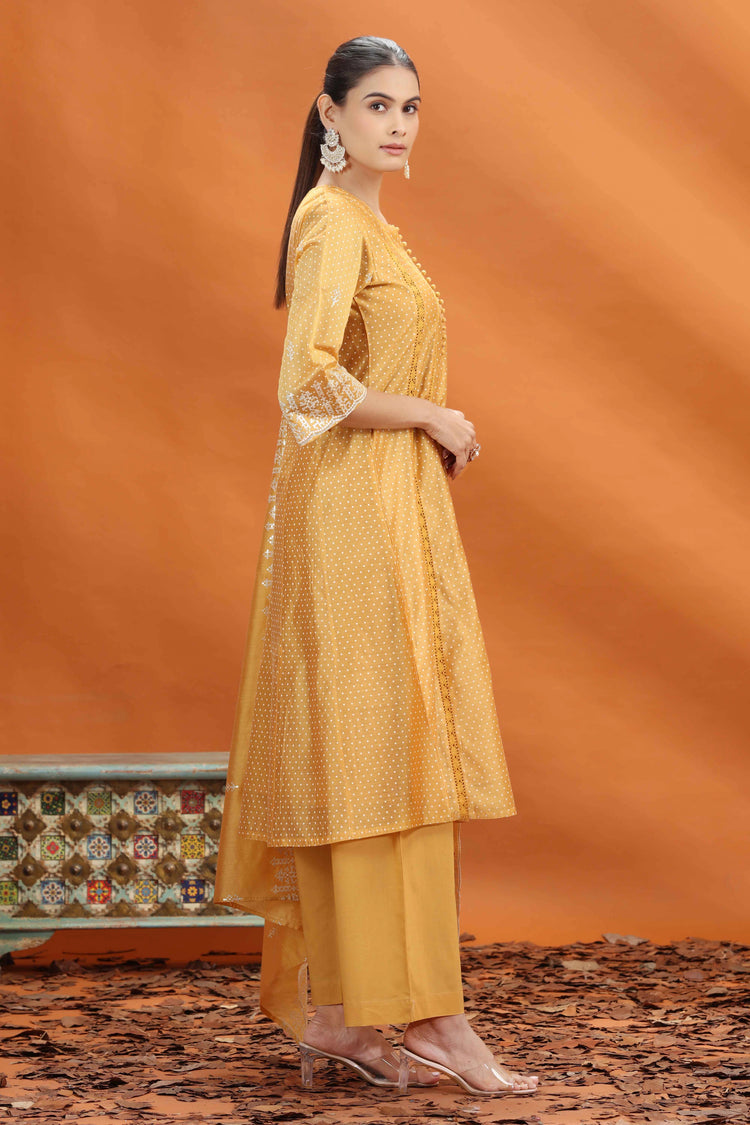 Yellow Chanderi Kalidar Embroidered Kurta Palazzo and Dupatta Set for women and girls