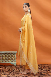 Yellow Chanderi Kalidar Embroidered Kurta Palazzo and Dupatta Set for women and girls