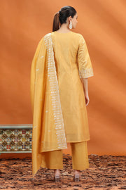 Yellow Chanderi Kalidar Embroidered Kurta Palazzo and Dupatta Set for women and girls