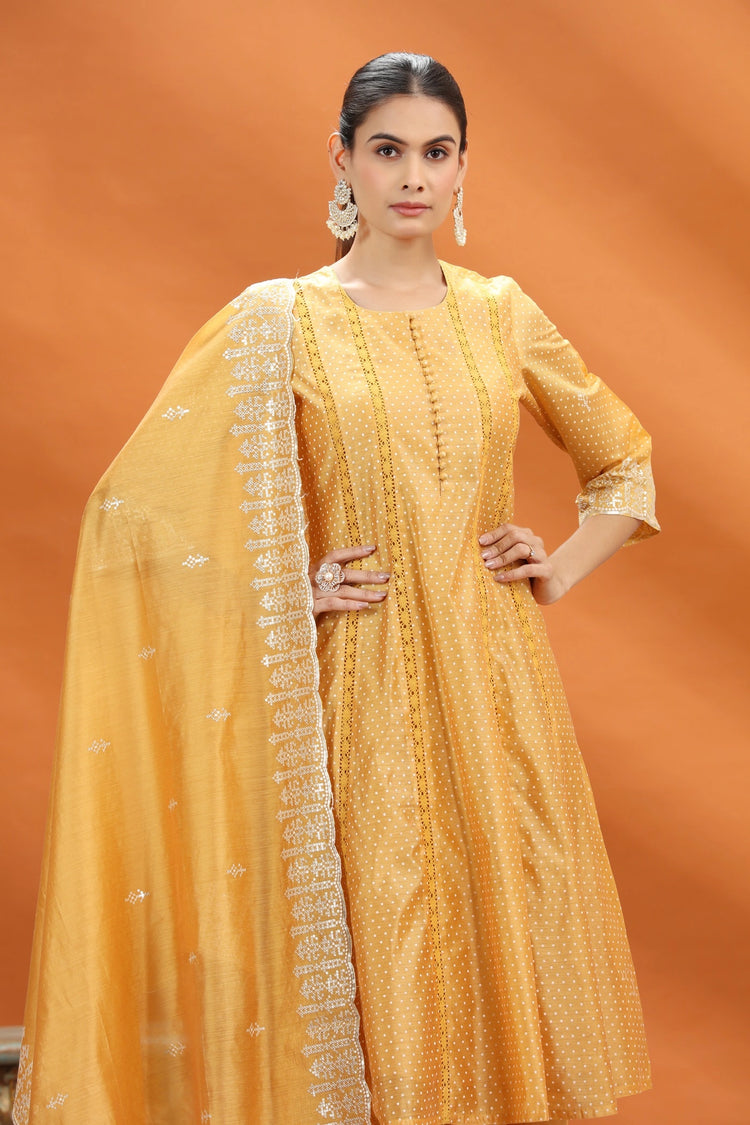 Yellow Chanderi Kalidar Embroidered Kurta Palazzo and Dupatta Set for women and girls