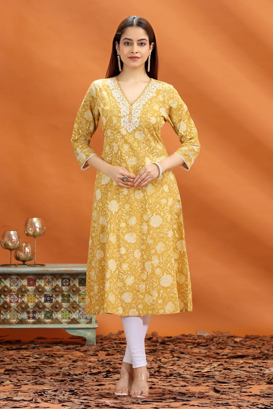 Yellow Jaipuri Cotton A Line Embroidered Kurta for women and girls