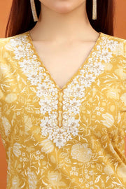 Yellow Jaipuri Cotton A Line Embroidered Kurta for women and girls