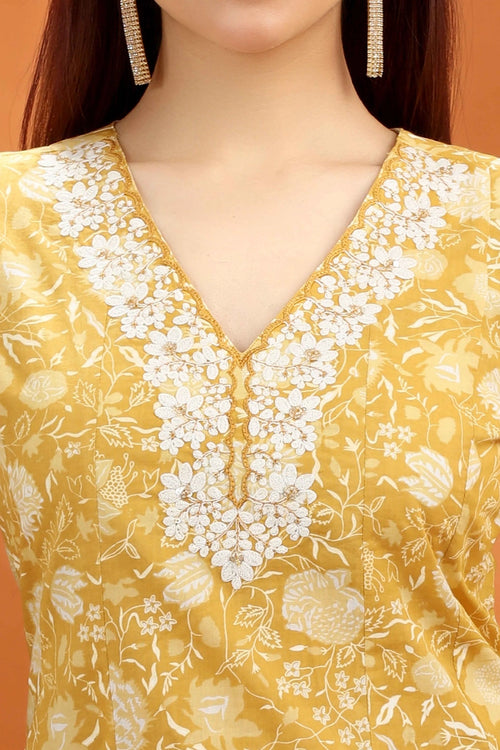 Yellow Jaipuri Cotton A Line Embroidered Kurta for women and girls