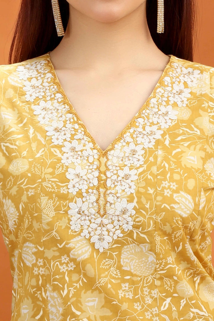 Yellow Jaipuri Cotton A Line Embroidered Kurta for women and girls