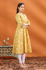 Yellow Jaipuri Cotton A Line Embroidered Kurta for women and girls