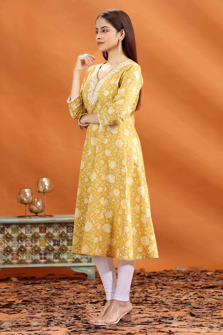 Yellow Jaipuri Cotton A Line Embroidered Kurta for women and girls