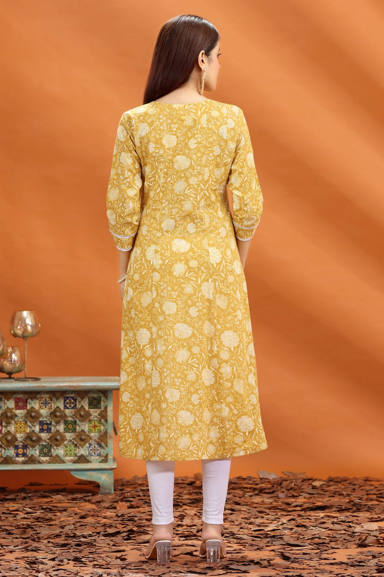 Yellow Jaipuri Cotton A Line Embroidered Kurta for women and girls
