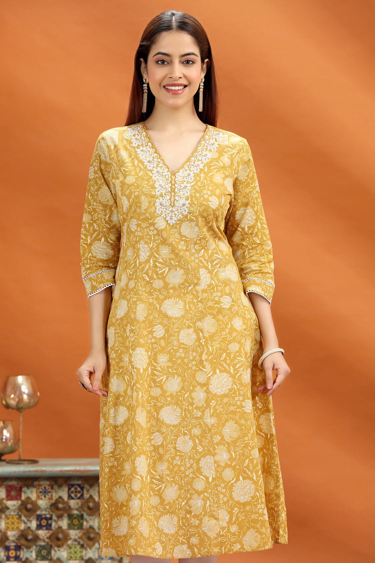 Yellow Jaipuri Cotton A Line Embroidered Kurta for women and girls