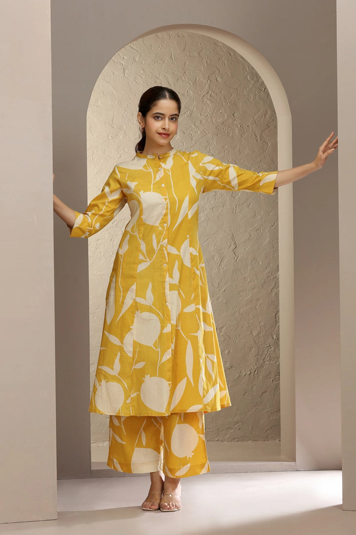 Yellow Jaipuri Cotton Printed A Line Kurta Pant Co ord Set