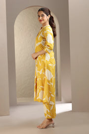 Yellow Jaipuri Cotton Printed A Line Kurta Pant Co ord Set