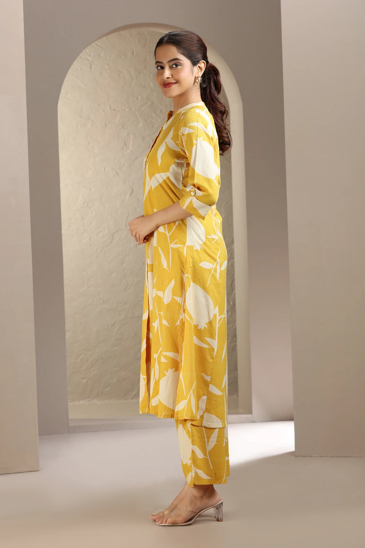 Yellow Jaipuri Cotton Printed A Line Kurta Pant Co ord Set