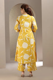 Yellow Jaipuri Cotton Printed A Line Kurta Pant Co ord Set