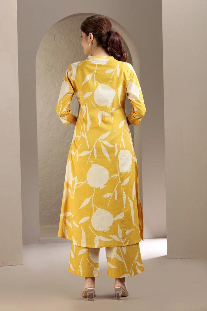 Yellow Jaipuri Cotton Printed A Line Kurta Pant Co ord Set