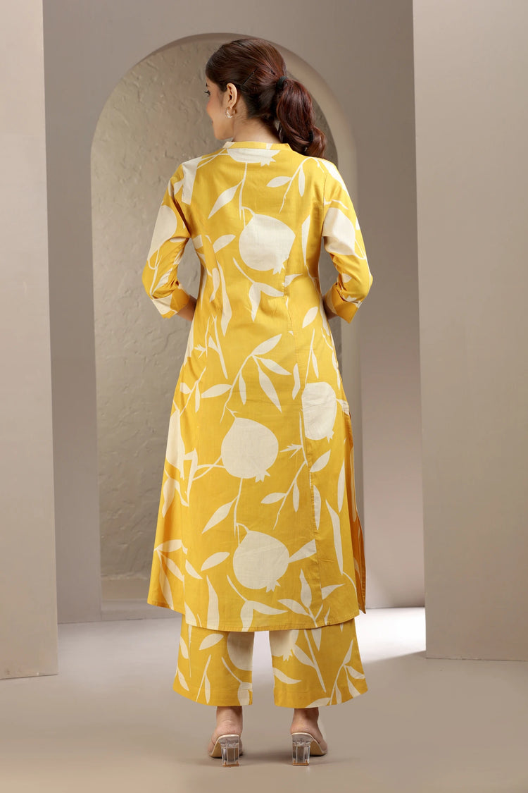 Yellow Jaipuri Cotton Printed A Line Kurta Pant Co ord Set