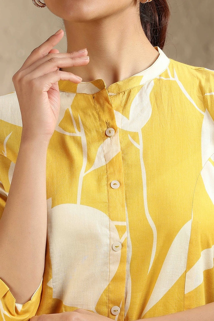 Yellow Jaipuri Cotton Printed A Line Kurta Pant Co ord Set