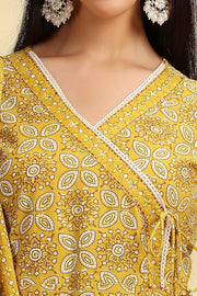 Yellow Printed Jaipuri Cotton A Line Kurta Pant Dupatta Suit Set