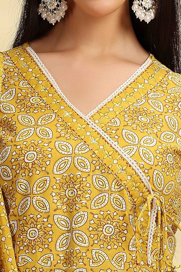 Yellow Printed Jaipuri Cotton A Line Kurta Pant Dupatta Suit Set