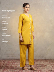 Yellow Floral Embroidered Straight Kurta & Palazzo Pants Co-Ord Set