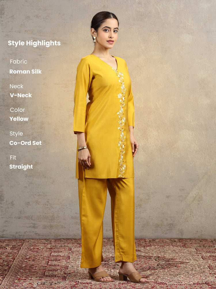 Yellow Floral Embroidered Straight Kurta & Palazzo Pants Co-Ord Set