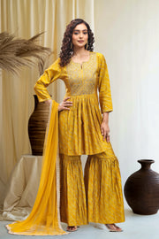 Yellow Roman Silk Gathered Kurta Sharara Suit Set