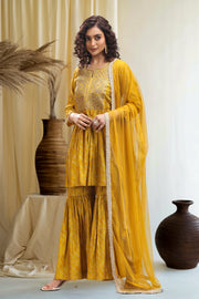 Yellow Roman Silk Gathered Kurta Sharara Suit Set