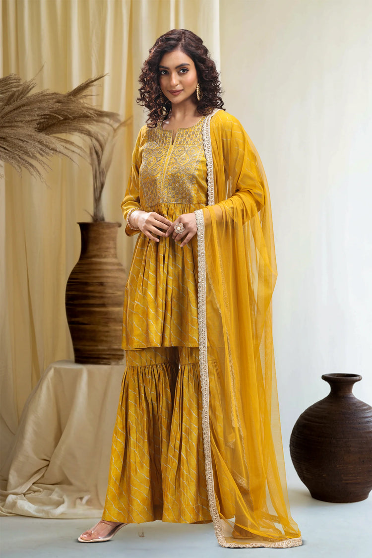 Yellow Roman Silk Gathered Kurta Sharara Suit Set