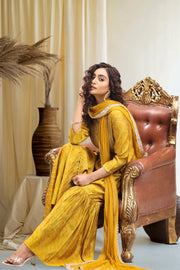 Yellow Roman Silk Gathered Kurta Sharara Suit Set