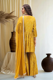 Yellow Roman Silk Gathered Kurta Sharara Suit Set