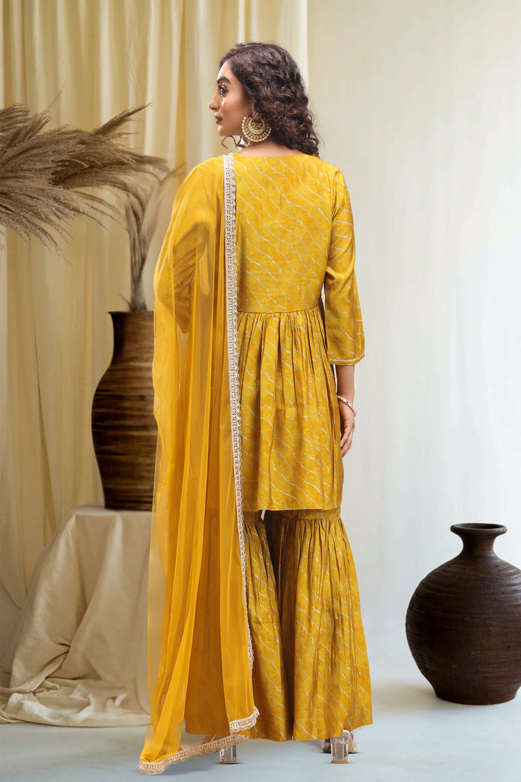 Yellow Roman Silk Gathered Kurta Sharara Suit Set