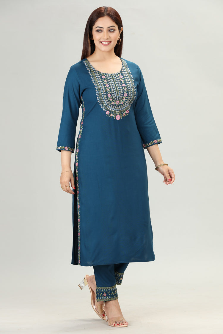 Navy Blue Embroidered Kurta Pant Co ord Set