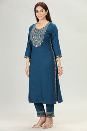 Navy Blue Embroidered Kurta Pant Co ord Set