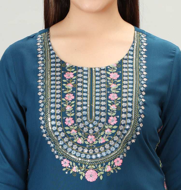 Navy Blue Embroidered Kurta Pant Co ord Set