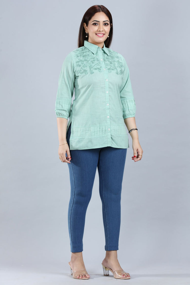 Light Pista Cotton Embroidred Short Kurta