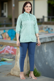 Light Pista Cotton Embroidred Short Kurta