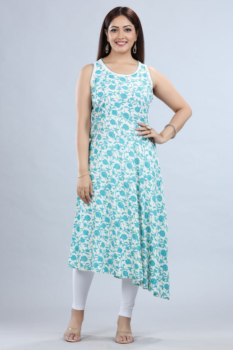 White Cotton A Line Printed Sleeveless Kurt