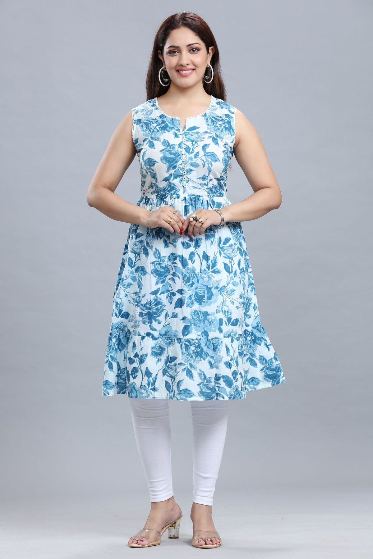 Sky Blue Jaipuri Cotton Printed Sleeveless Kurta