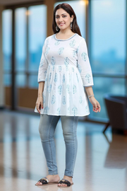 White Jaipuri Cotton Printed Short Kurta