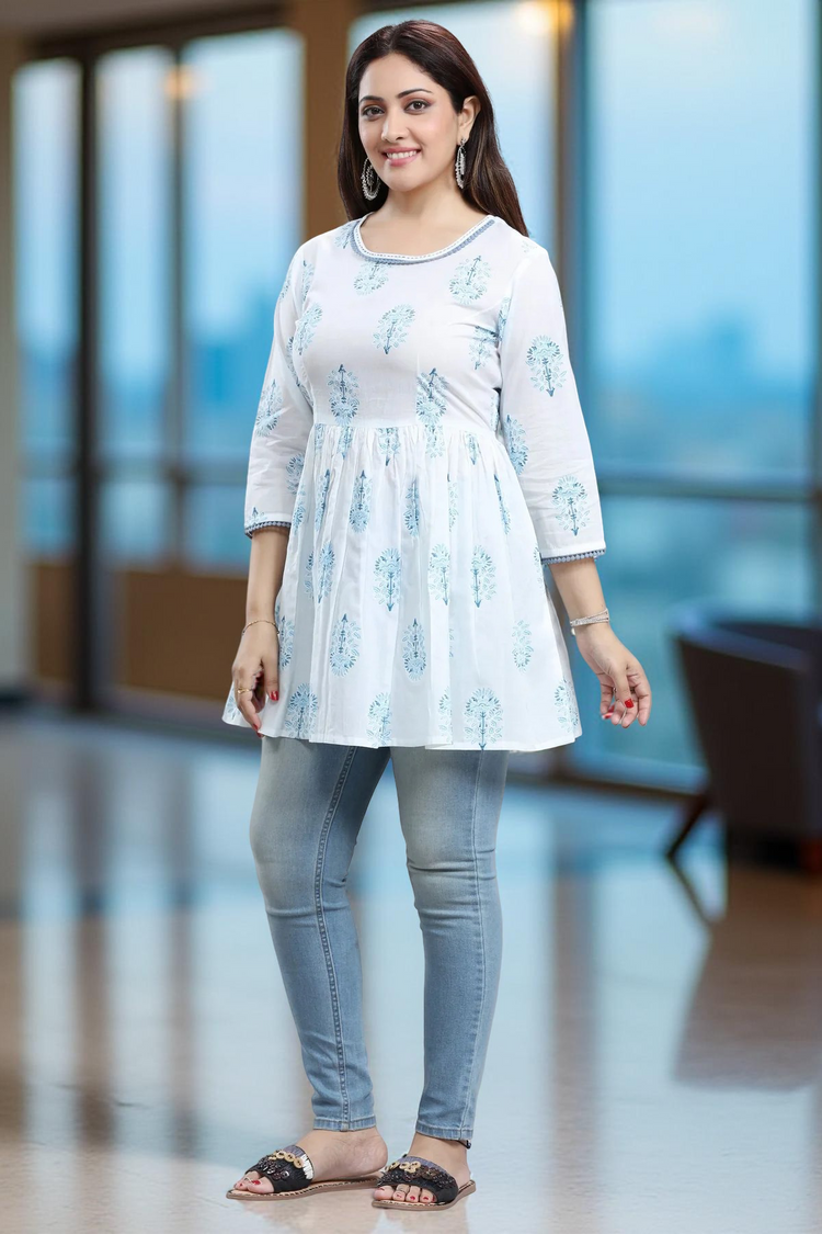 White Jaipuri Cotton Printed Short Kurta