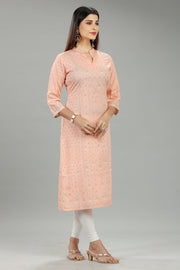 Peach Cotton Straight Printed Kurta