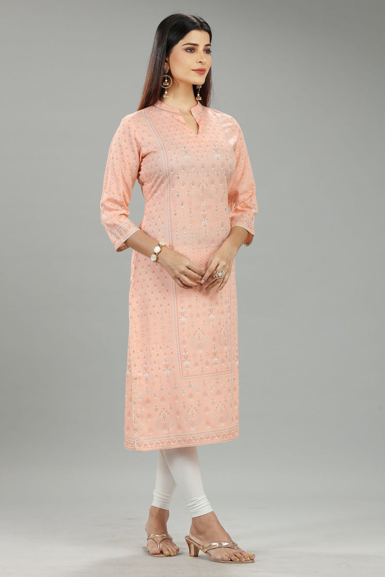 Peach Cotton Straight Printed Kurta