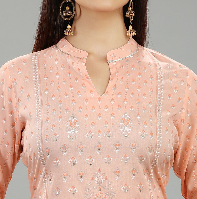 Peach Cotton Straight Printed Kurta