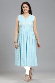 Sky Blue Rayon Gathered Embroidered Sleeveless Kurta