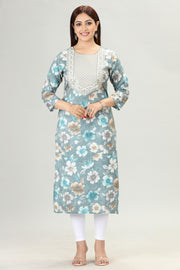 Teal Rayon Straight Embroidered Kurta