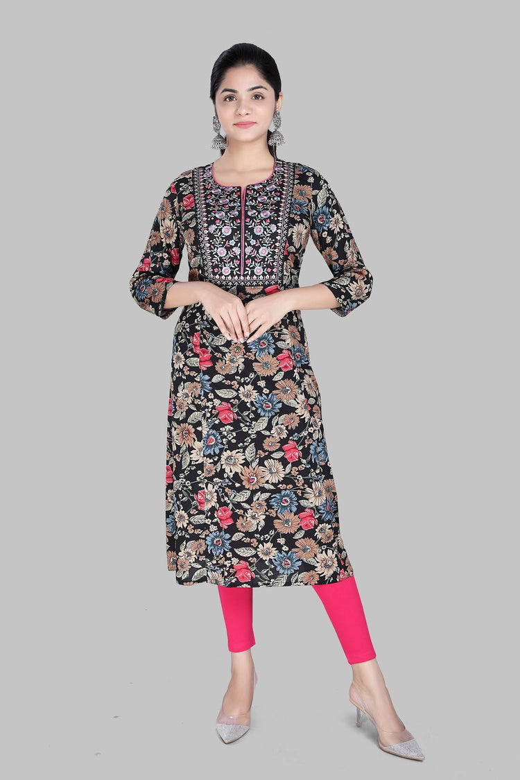 Chaitaly Beige & Black Jaipuri Cotton Printed Kurti