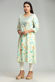 Chanchal Off White & Teal  Rayon Embroidered A-Line Kurta