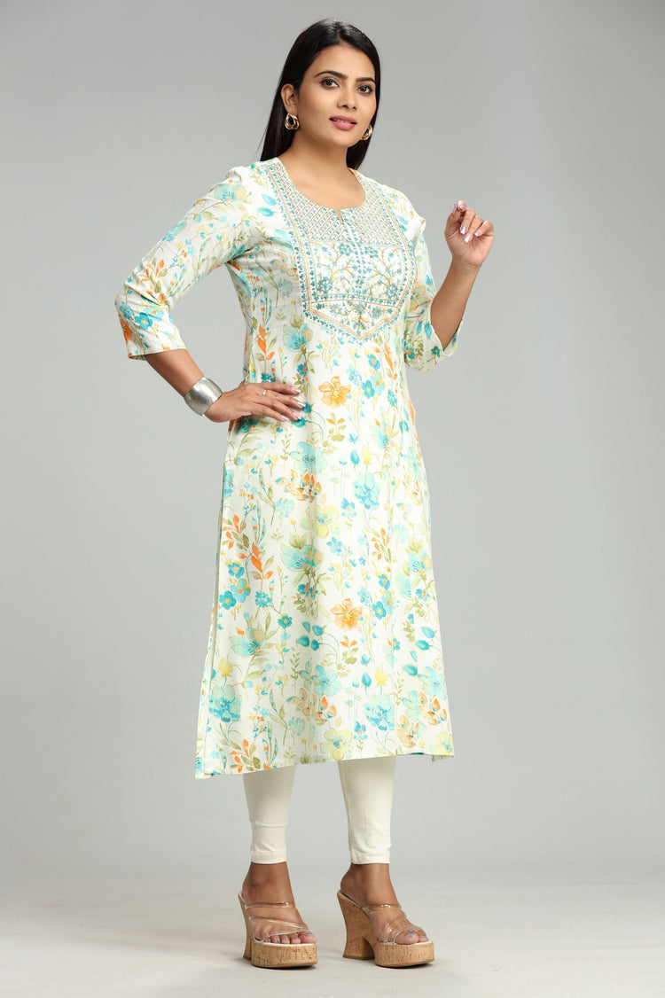 Chanchal Off White & Teal  Rayon Embroidered A-Line Kurta