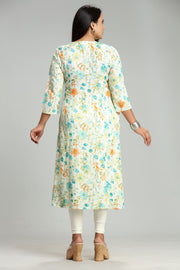 Chanchal Off White & Teal  Rayon Embroidered A-Line Kurta