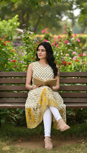 Off White & Yellow Jaipuri Cotton Flared Printed Sleeveless Kurta